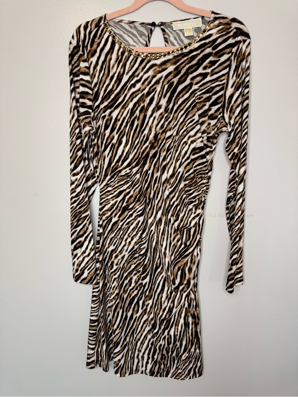 Michael Kors Animal Print Dress Long Sleeve Ruched Gold Chain size M